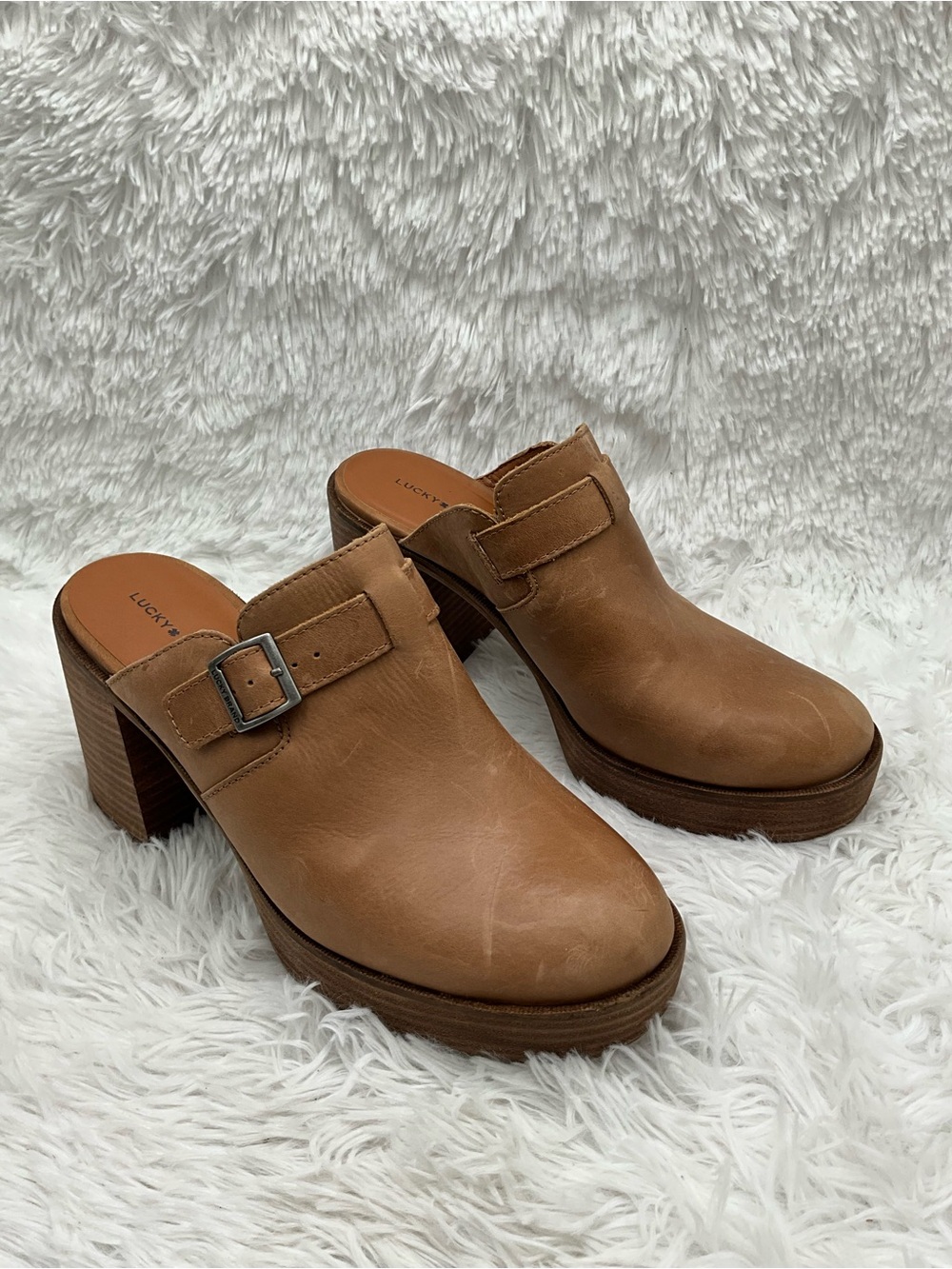 Lucky Brand Odibell Mules Size 10 Tan Color Leather Block Heel Platform NWT
